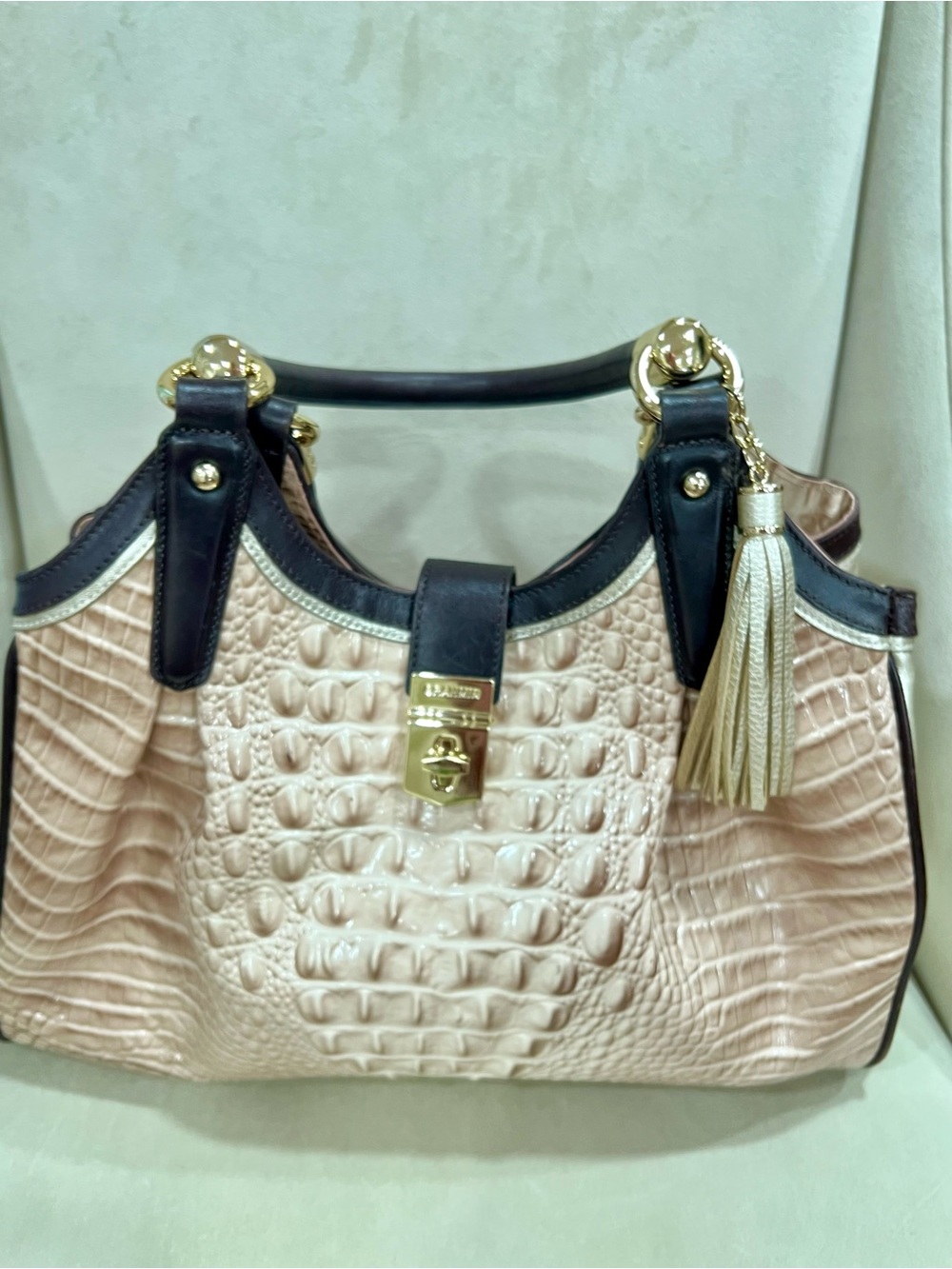 Brahmin Beige Croc-Embossed Shoulder Bag with Black Trim and Gold Hardware